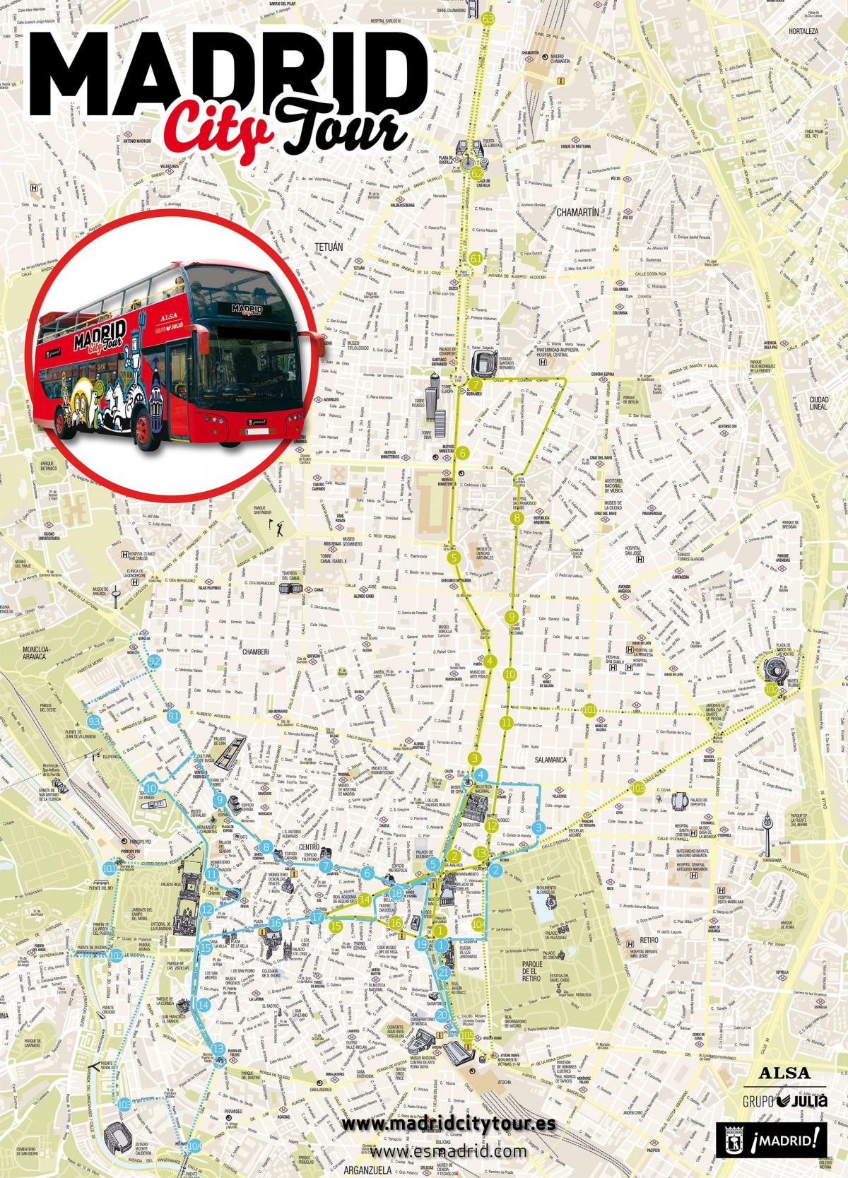 마드리드 도시의 버스 투어 지도